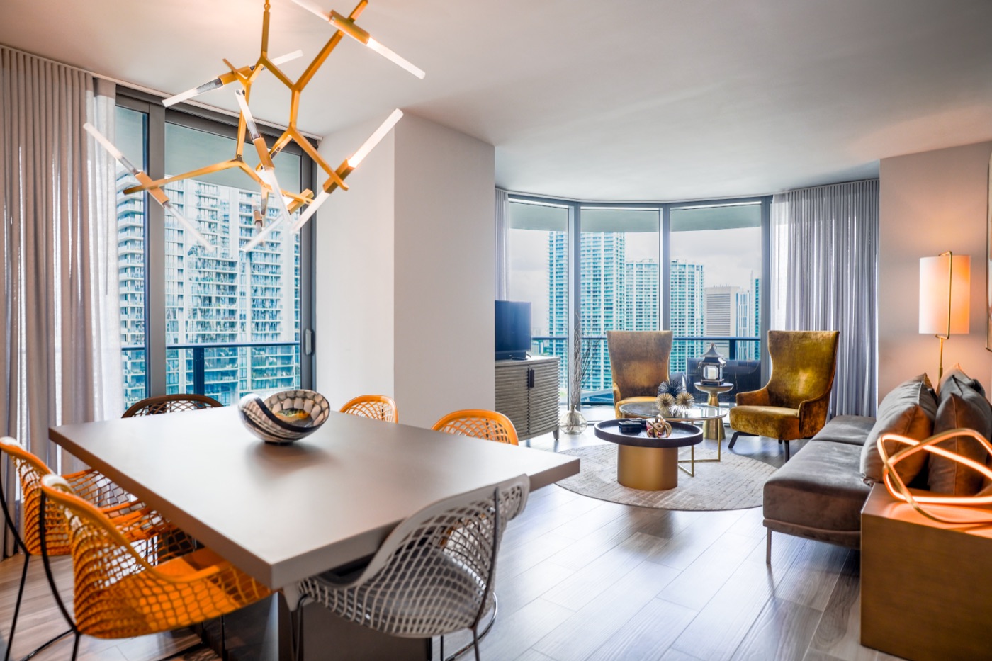 Miami skyline living room, cinematic real estate listing