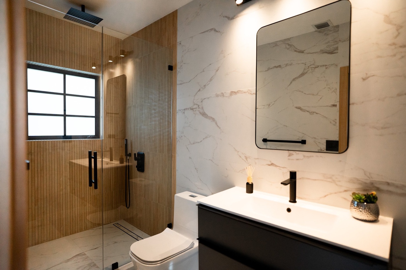 Modern marble bathroom, editorial detail shot